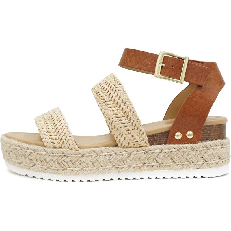 Soda Top Shoe Bryce Open Toe Buckle Ankle Strap Espadrilles Flatform Wedge Casual Sandanatural 5178